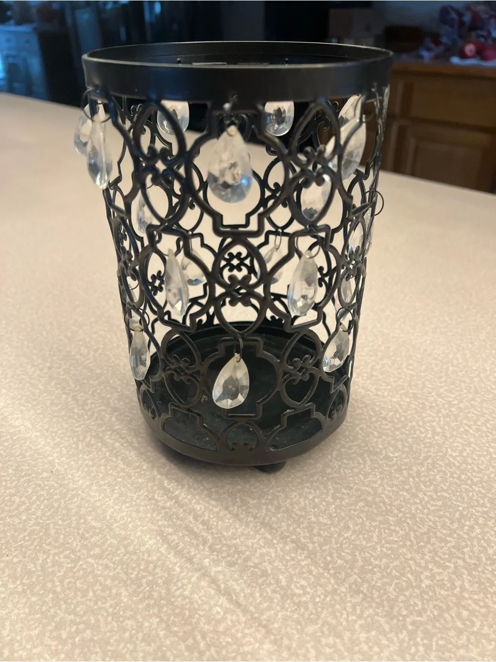 Elegant Black Metal Tealight Holder with Crystal Droplets